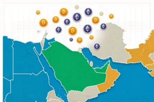 خريطة الخليج العربي مع رموز عملات رقمية توضح اختلاف الأنظمة القانونية بين دوله