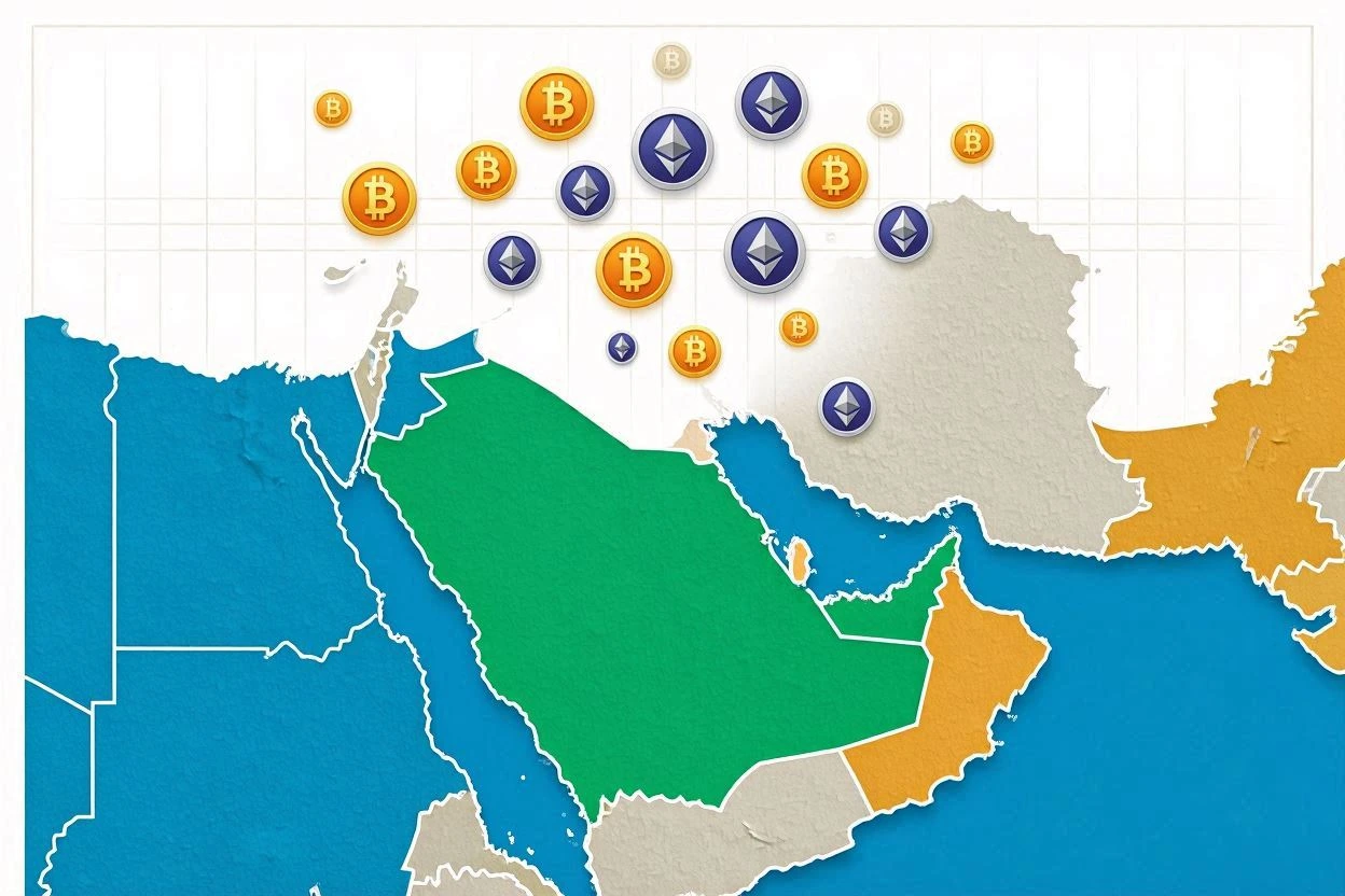 خريطة الخليج العربي مع رموز عملات رقمية توضح اختلاف الأنظمة القانونية بين دوله