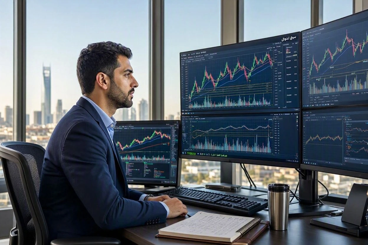 مضارب الاسهم يراقب شاشات تحليل فني لسوق تداول السعود